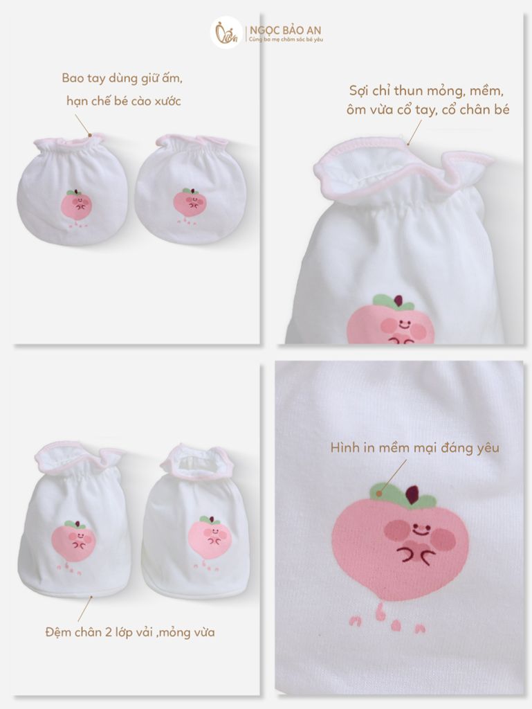 [M&B] Bộ bao tay chân thun cotton sơ sinh họa tiết hồng đào