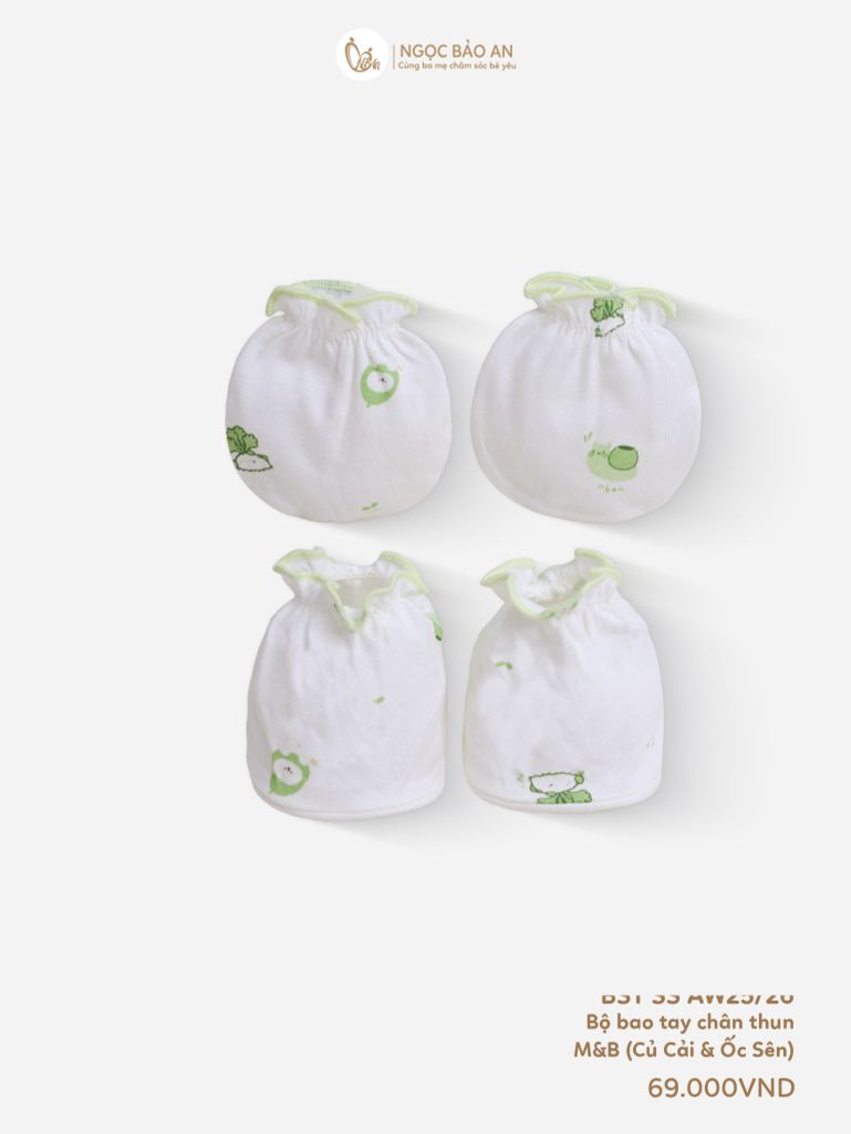 [M&B] Bộ bao tay chân thun cotton sơ sinh họa tiết củ cải & ốc sên