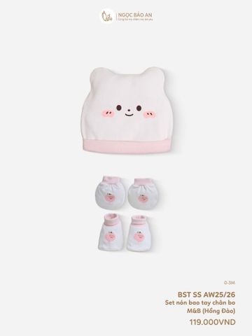 [M&B] Set nón bao tay chân bo cotton sơ sinh hồng đào