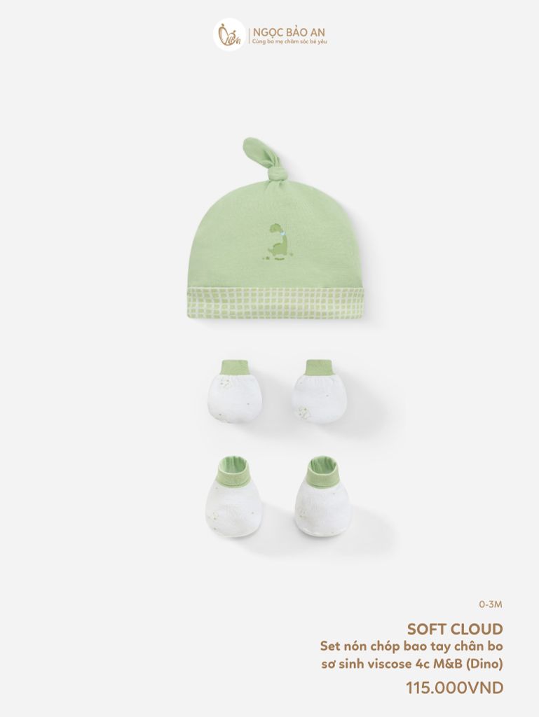 [M&B] Set nón chóp bao tay chân bo sơ sinh Dino (NB-3m) [CBSSVISCOSE]