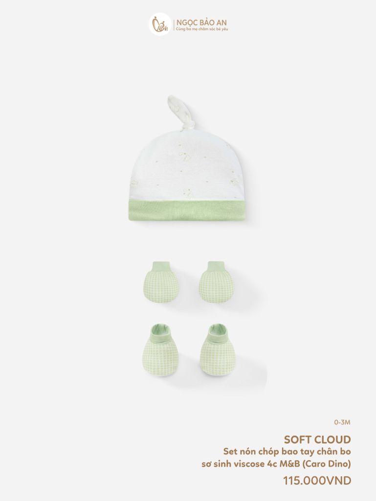 [M&B] Set nón chóp bao tay chân bo sơ sinh Caro Dino (NB-3m) [CBSSVISCOSE]