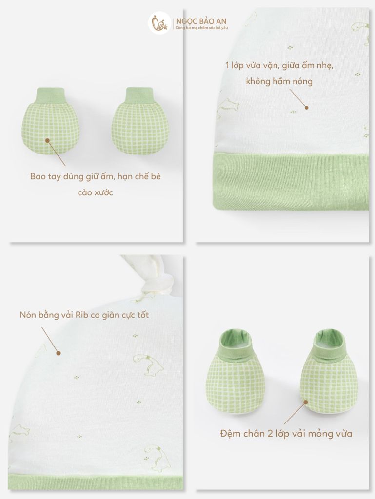 [M&B] Set nón chóp bao tay chân bo sơ sinh Caro Dino (NB-3m) [CBSSVISCOSE]