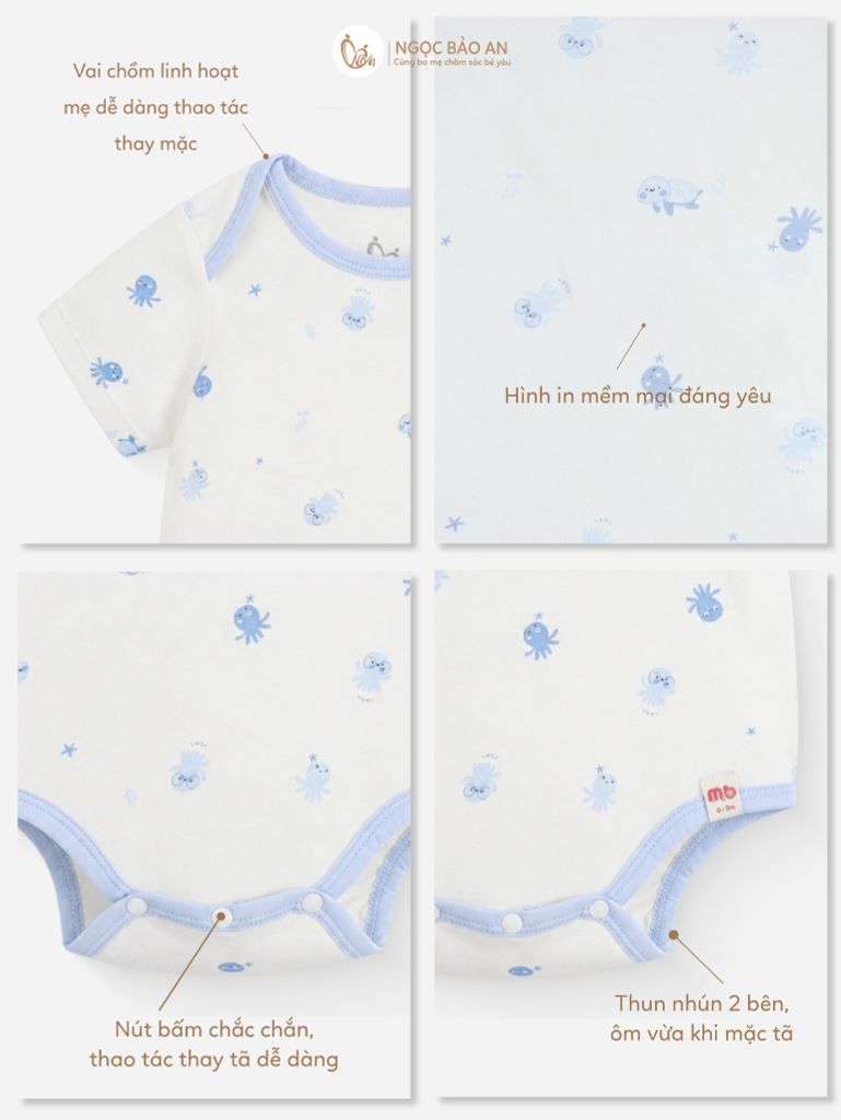 [M&B] Bodychip tay ngắn cotton rùa và bạch tuộc xanh
