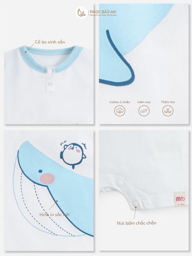 [M&B] Body đùi cotton bé trai tay cộc cá voi xanh