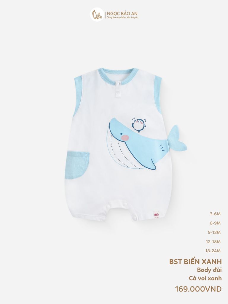 [M&B] Body đùi cotton bé trai tay cộc cá voi xanh