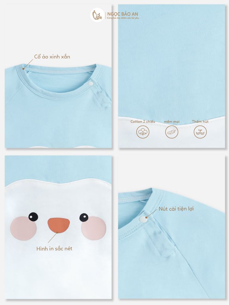 [M&B] Body đùi cotton bé trai tay ngắn chim cánh cụt xanh