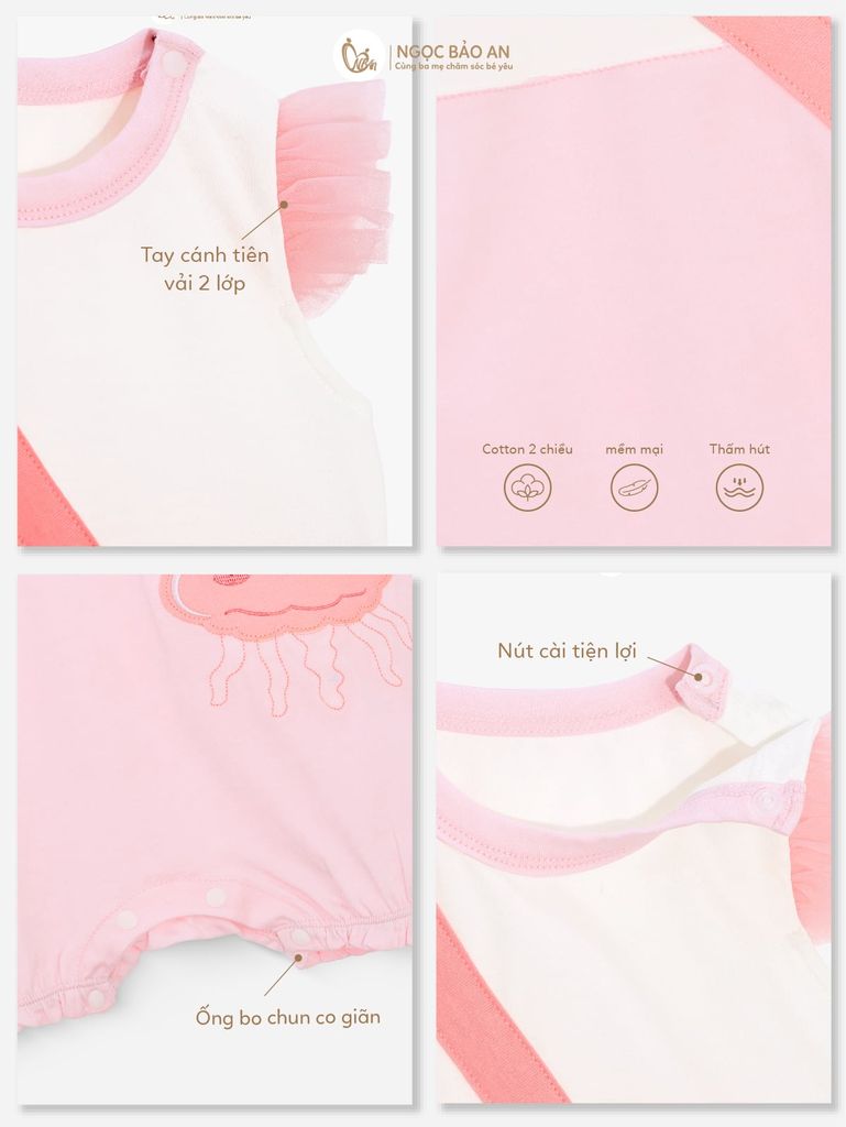 [M&B] Body đùi cotton bé gái tay cánh tiên bạch tuộc hồng