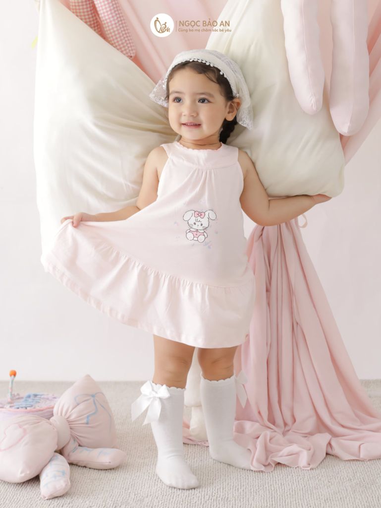 [M&B] Đầm dáng yếm xòe cotton tone hồng rabbit