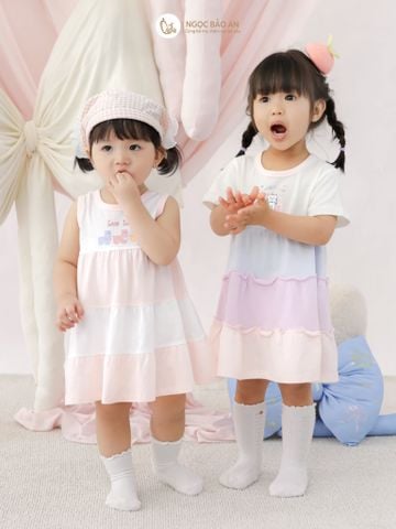 [M&B] Đầm tầng dáng xòe cotton tay ngắn bé gái sweet cat