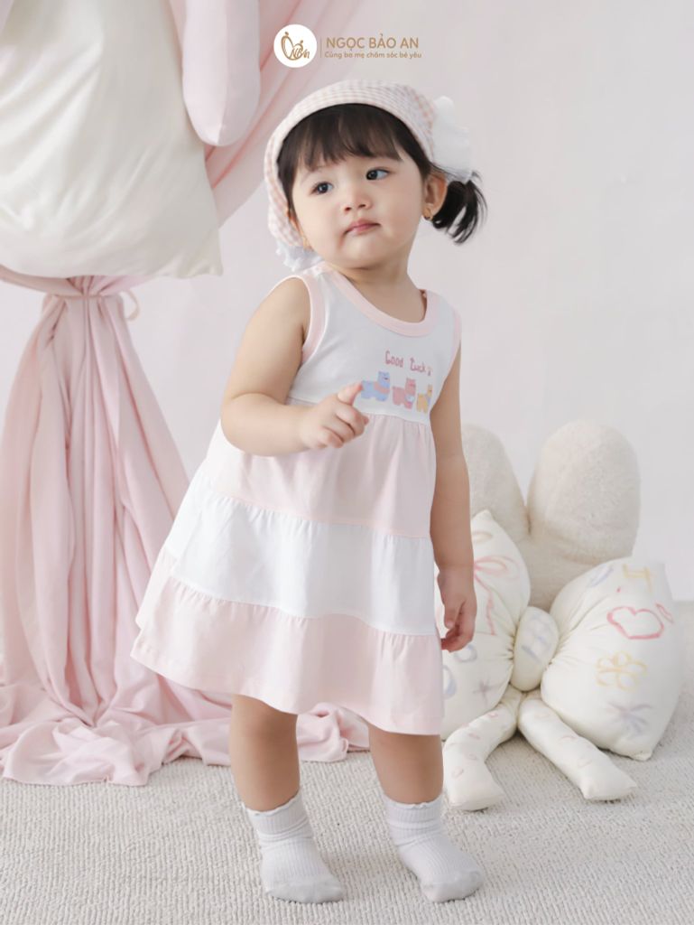 [M&B] Đầm tầng dáng xòe cotton tone hồng bé gái good luck