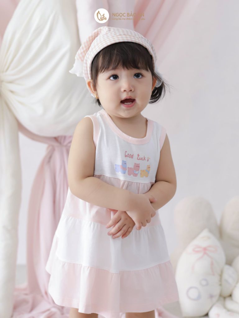 [M&B] Đầm tầng dáng xòe cotton tone hồng bé gái good luck