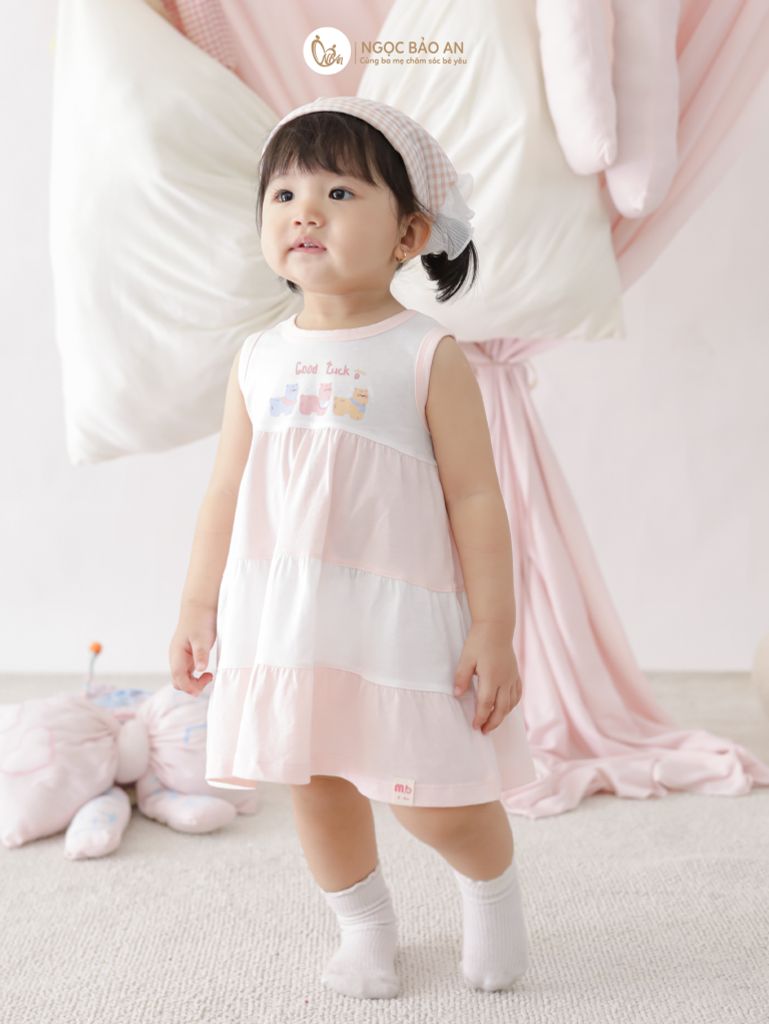 [M&B] Đầm tầng dáng xòe cotton tone hồng bé gái good luck