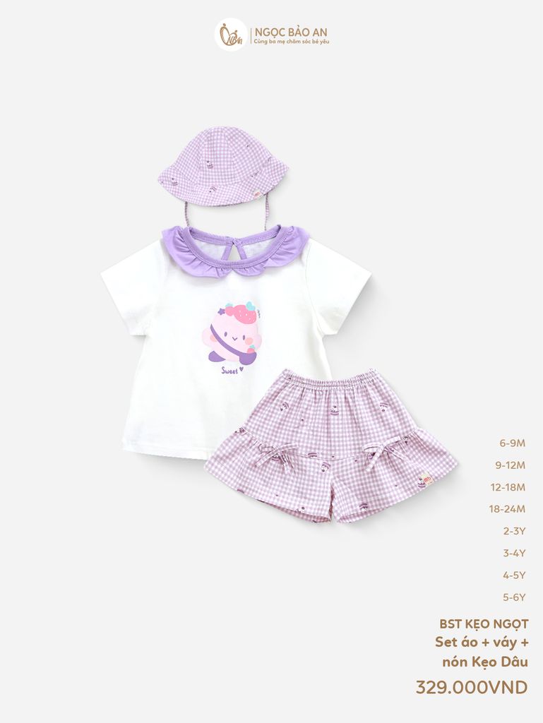 [M&B] BST CANDY: Set áo tay ngắn phối Quần giả váy kèm nón bèo kẹo dâu