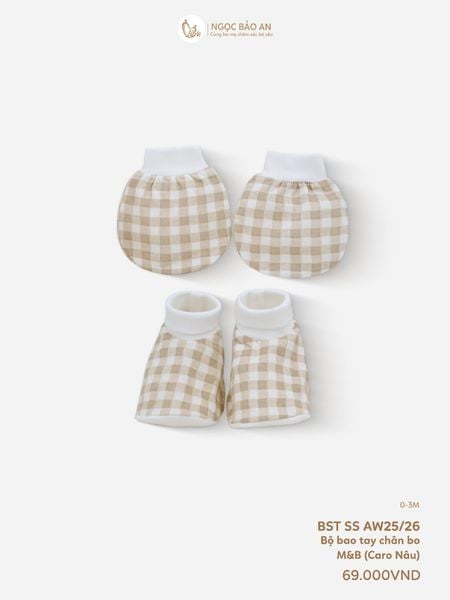 [M&B] Bộ bao tay chân bo cotton sơ sinh họa tiết caro nâu