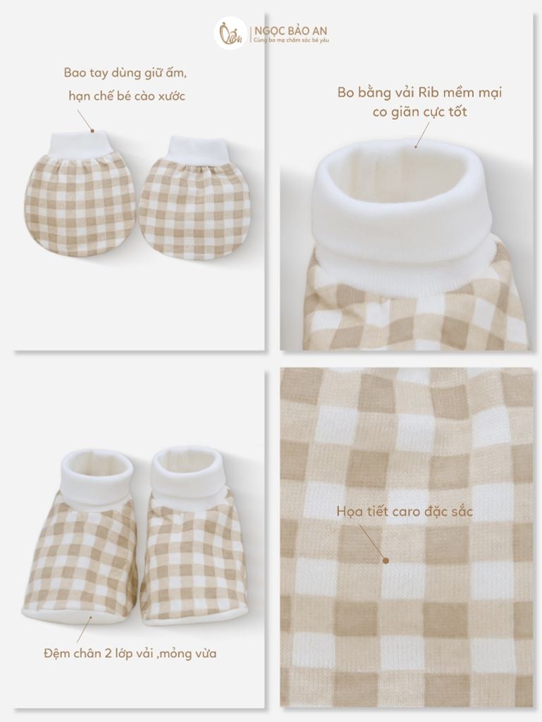 [M&B] Bộ bao tay chân bo cotton sơ sinh họa tiết caro nâu