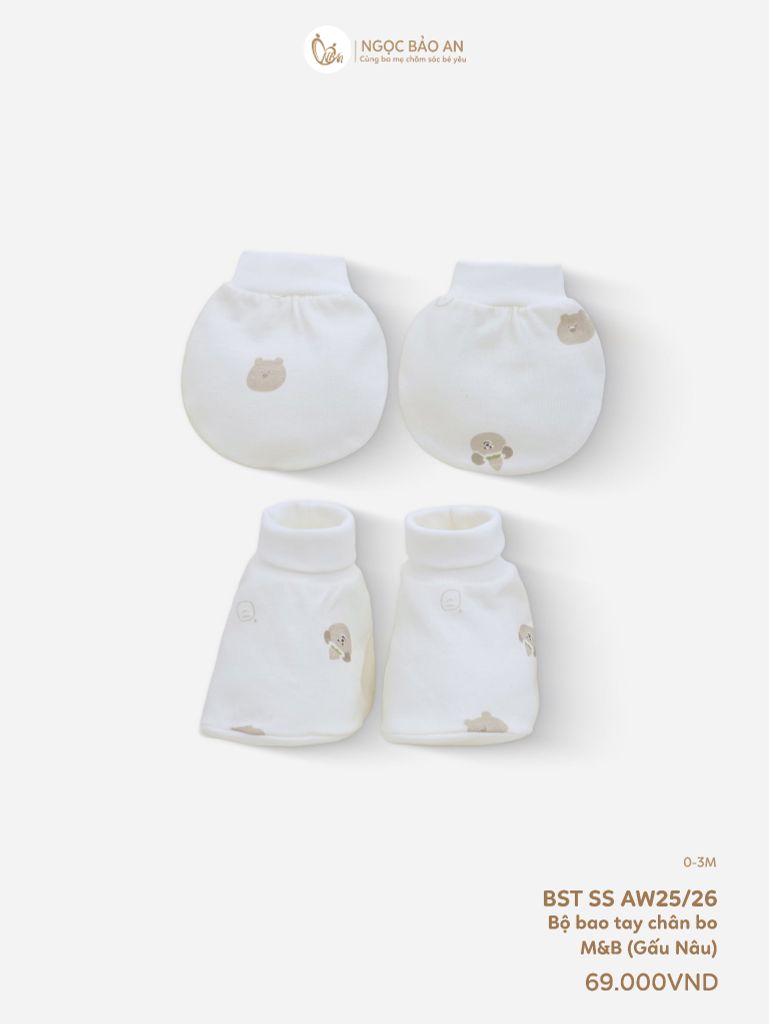 [M&B] Bộ bao tay chân bo cotton sơ sinh họa tiết gấu thỏ nâu