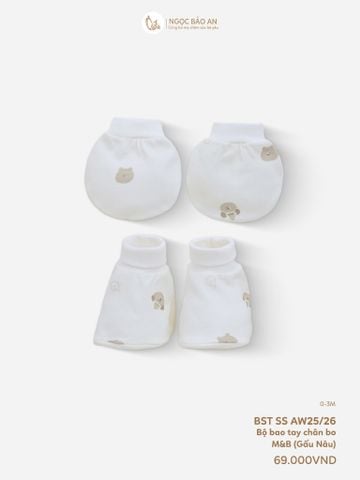 [M&B] Bộ bao tay chân bo cotton sơ sinh họa tiết gấu thỏ nâu