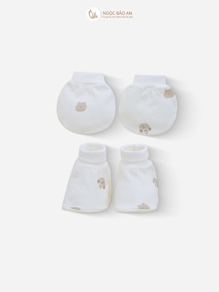 [M&B] Set nón bao tay chân bo cotton sơ sinh gấu dâu