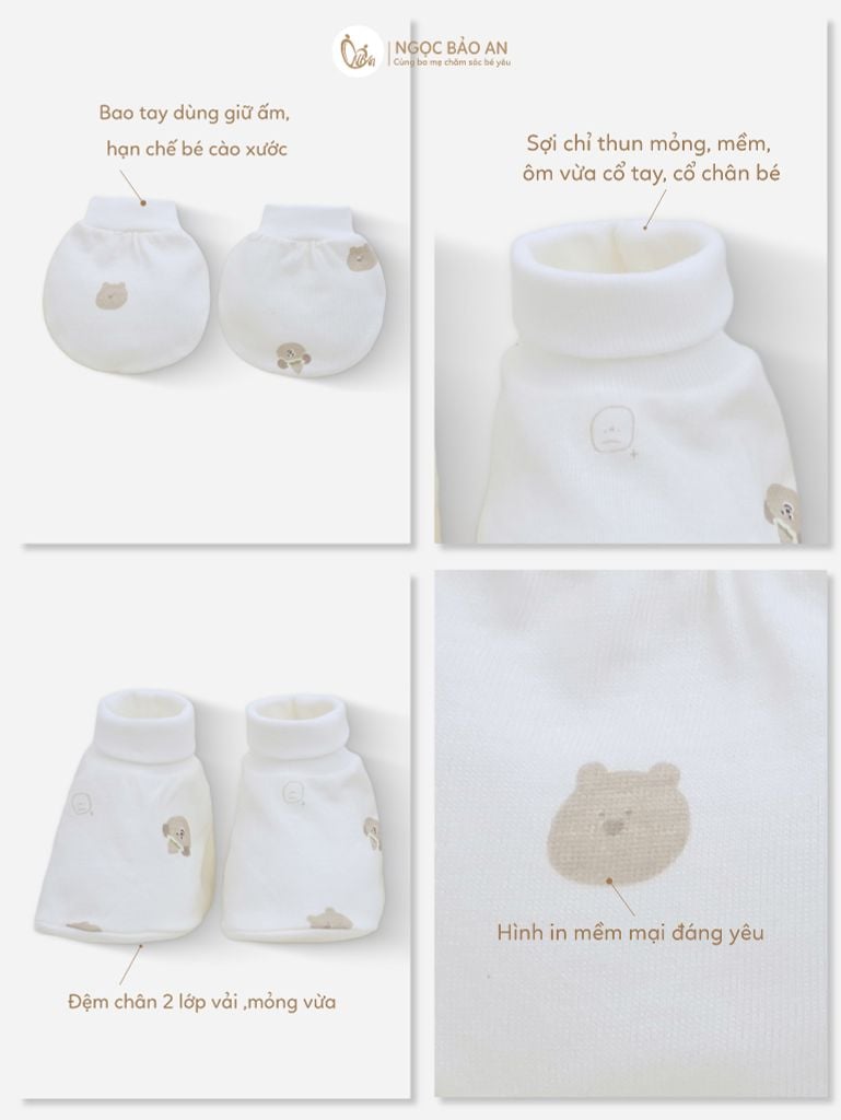 [M&B] Set nón bao tay chân bo cotton sơ sinh gấu dâu