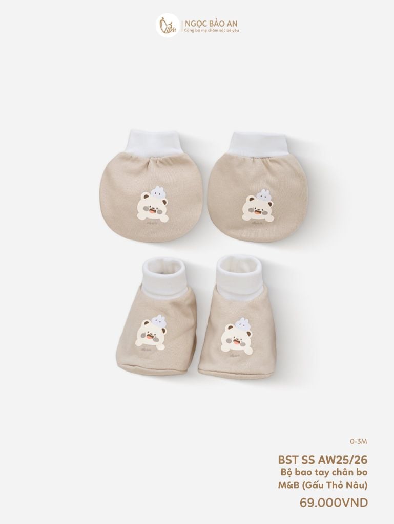 [M&B] Bộ bao tay chân bo cotton sơ sinh họa tiết gấu nâu