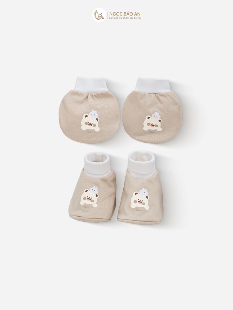 [M&B] Bộ bao tay chân bo cotton sơ sinh họa tiết gấu nâu