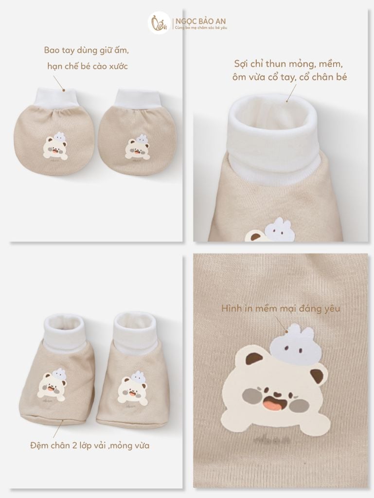 [M&B] Bộ bao tay chân bo cotton sơ sinh họa tiết gấu nâu