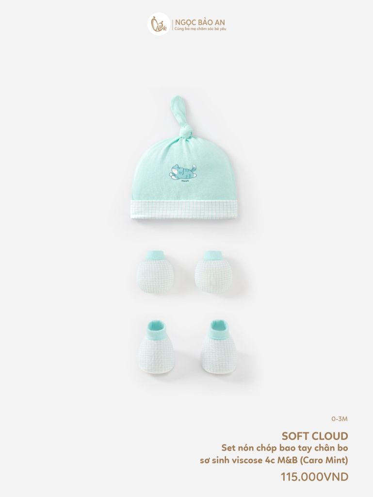 [M&B] Set nón chóp bao tay chân bo sơ sinh Caro Mint (NB-3m) [CBSSVISCOSE]