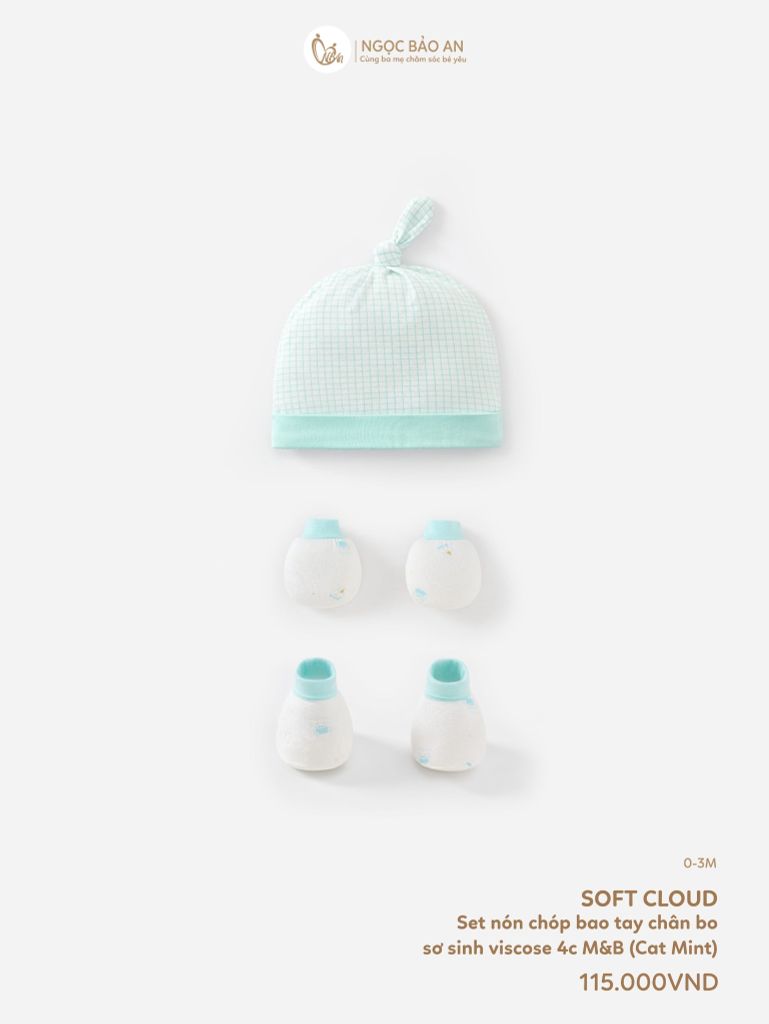[M&B] Set nón chóp bao tay chân bo sơ sinh Cat Mint (NB-3m) [CBSSVISCOSE]