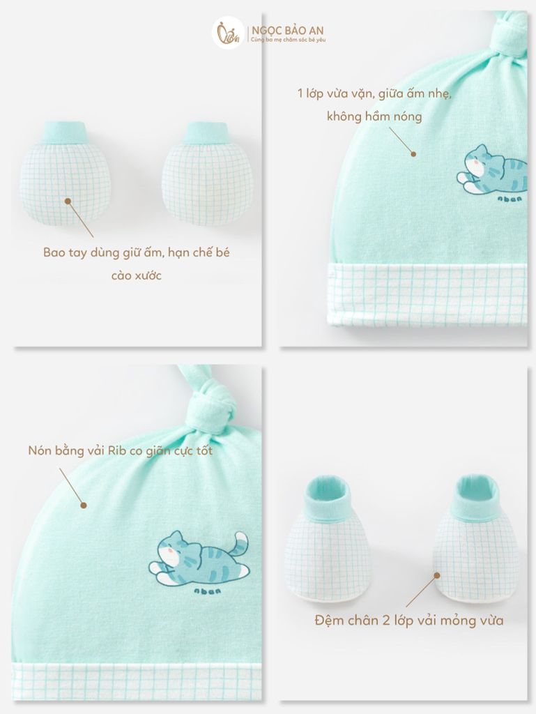 [M&B] Set nón chóp bao tay chân bo sơ sinh Caro Mint (NB-3m) [CBSSVISCOSE]