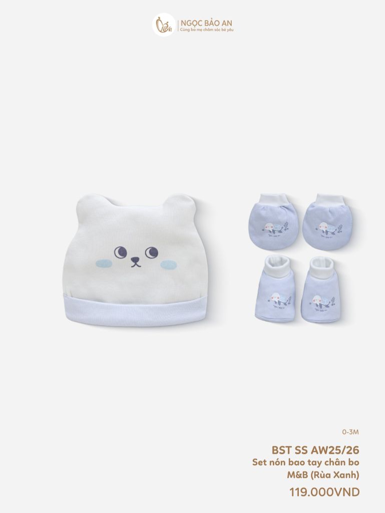 [M&B] Set nón bao tay chân bo cotton sơ sinh rùa xanh