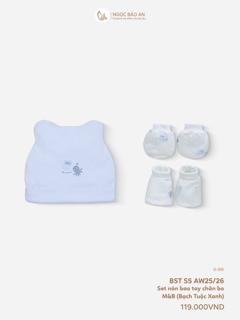 [M&B] Set nón bao tay chân bo cotton sơ sinh bạch tuộc xanh