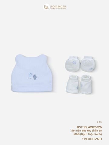 [M&B] Set nón bao tay chân bo cotton sơ sinh bạch tuộc xanh