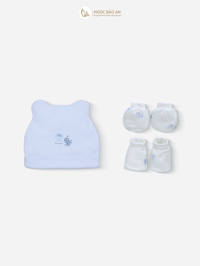 [M&B] Set nón bao tay chân bo cotton sơ sinh bạch tuộc xanh