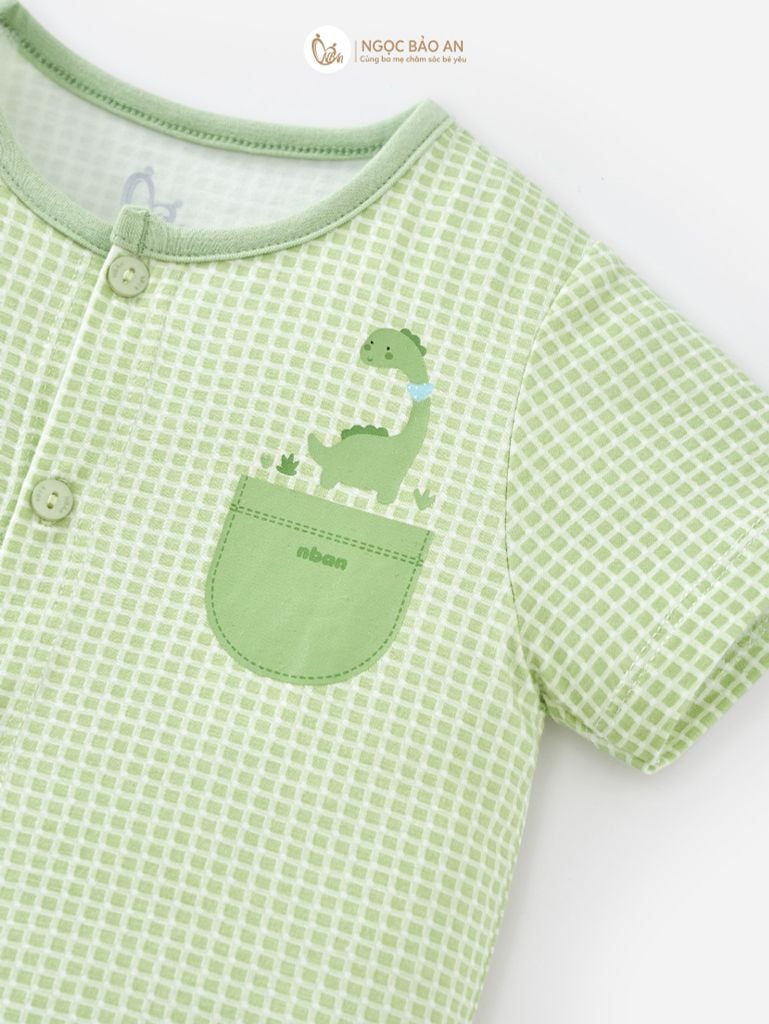 [M&B] Bộ tay ngắn cài giữa caro dino ngọc (0-24m)
