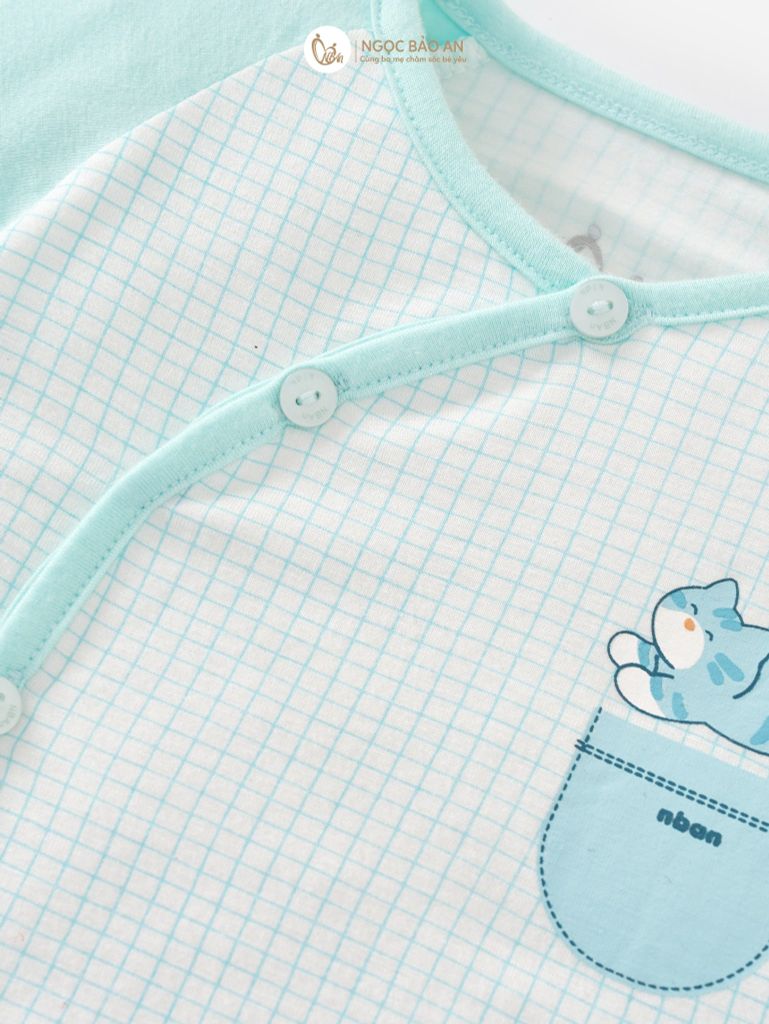 [M&B] Bộ tay dài cài bên caro cat mint (NB-24m)