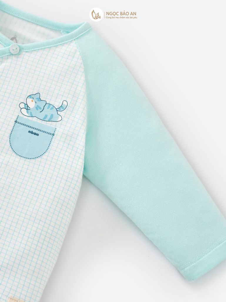 [M&B] Bộ tay dài cài bên caro cat mint (NB-24m)