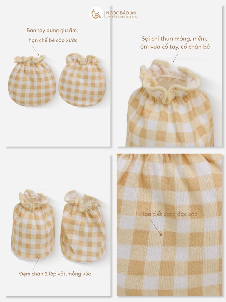 [M&B] Bộ bao tay chân thun cotton sơ sinh họa tiết Caro Vàng