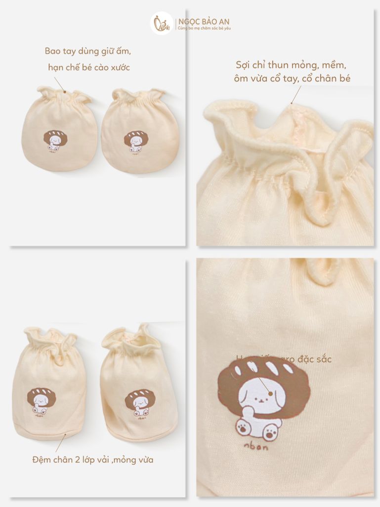[M&B] Set nón bao tay chân thun cotton sơ sinh gấu bread vàng