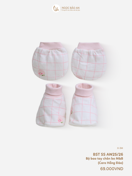 [M&B] Bộ bao tay chân bo cotton sơ sinh họa tiết caro hồng đào