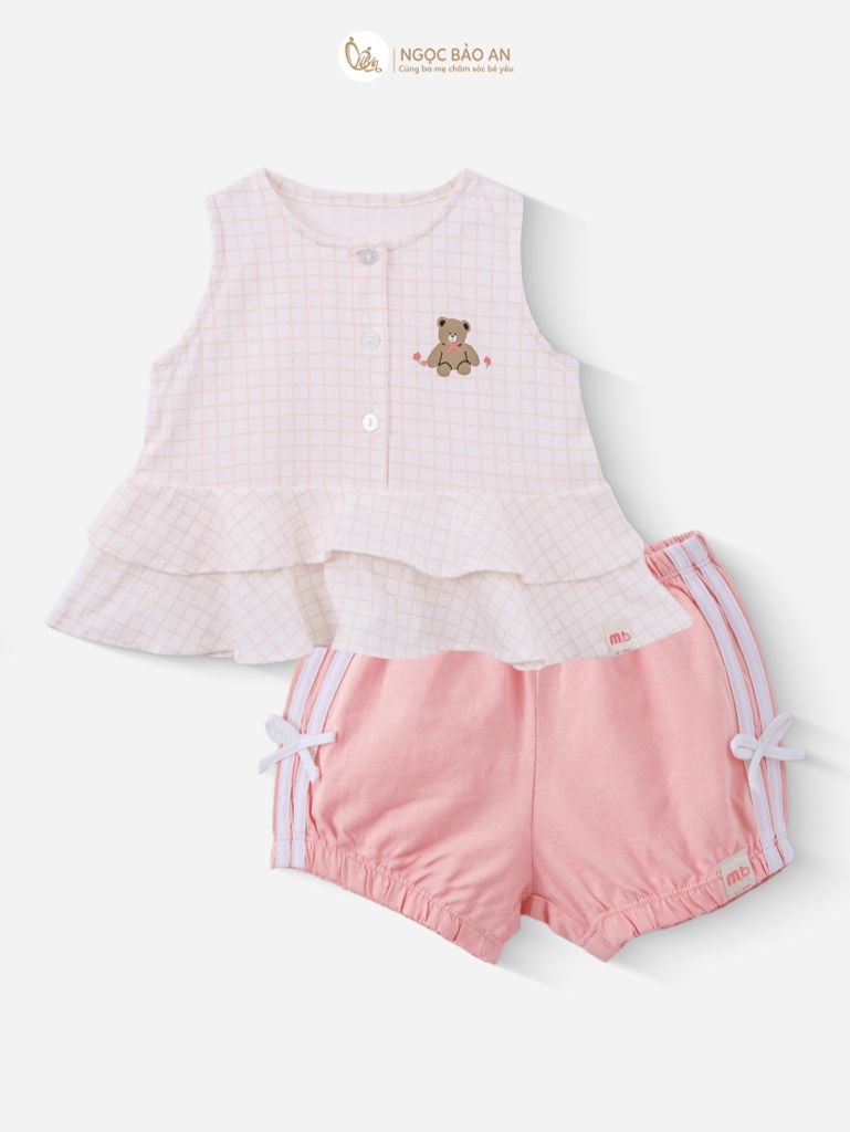 [M&B] BST PINK GIRL: Bộ sát nách babydoll Caro gấu hồng