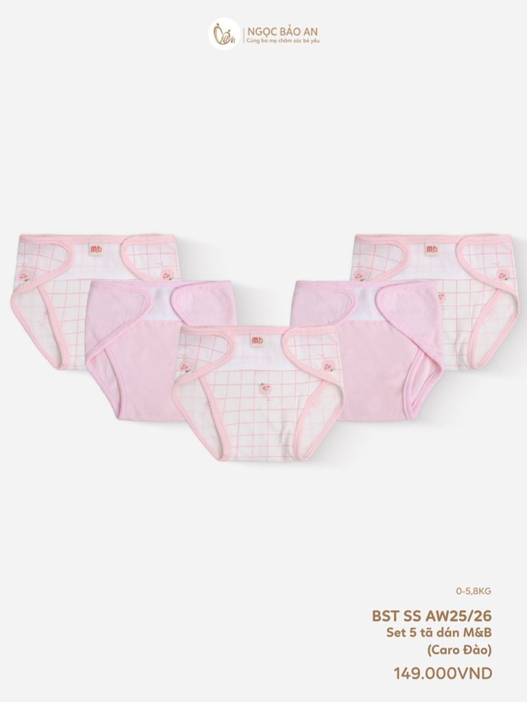 [M&B] Tã dán sơ sinh cotton caro đào