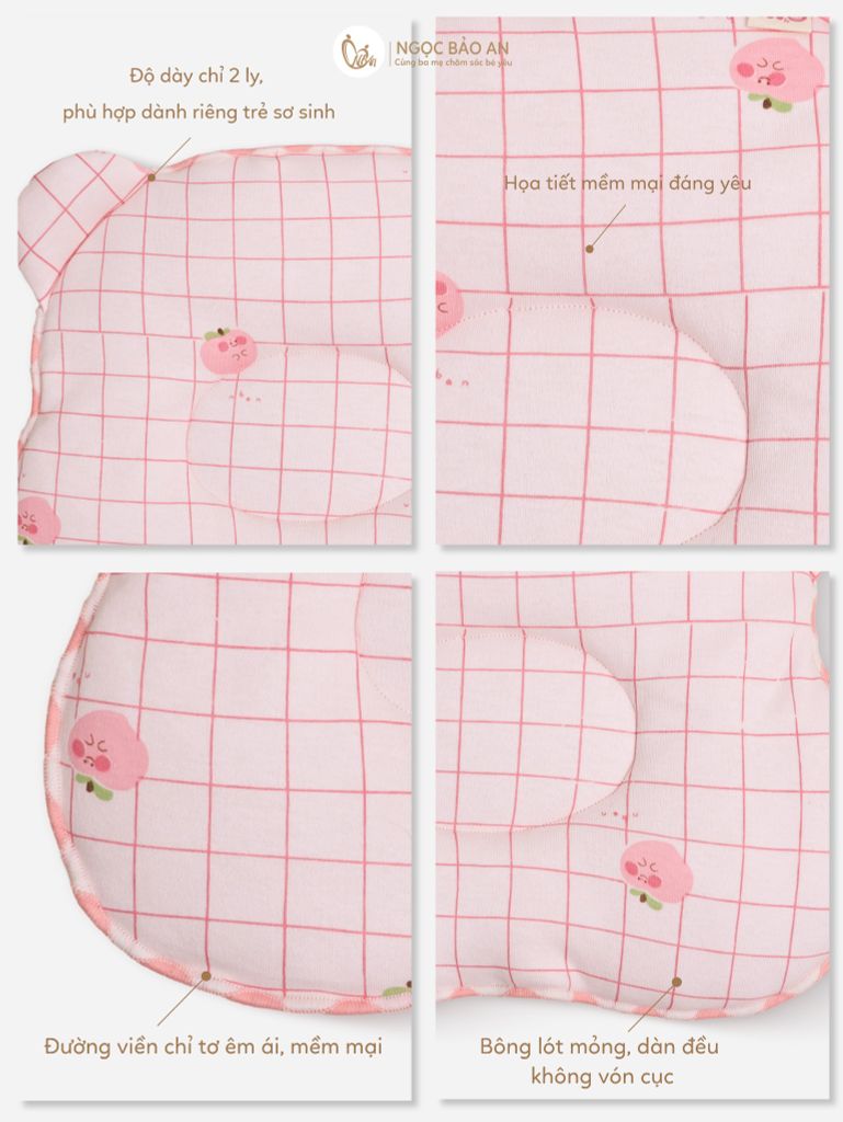 [M&B] Gối nằm cotton hình mặt gấu họa tiết caro hồng đào 24x27cm