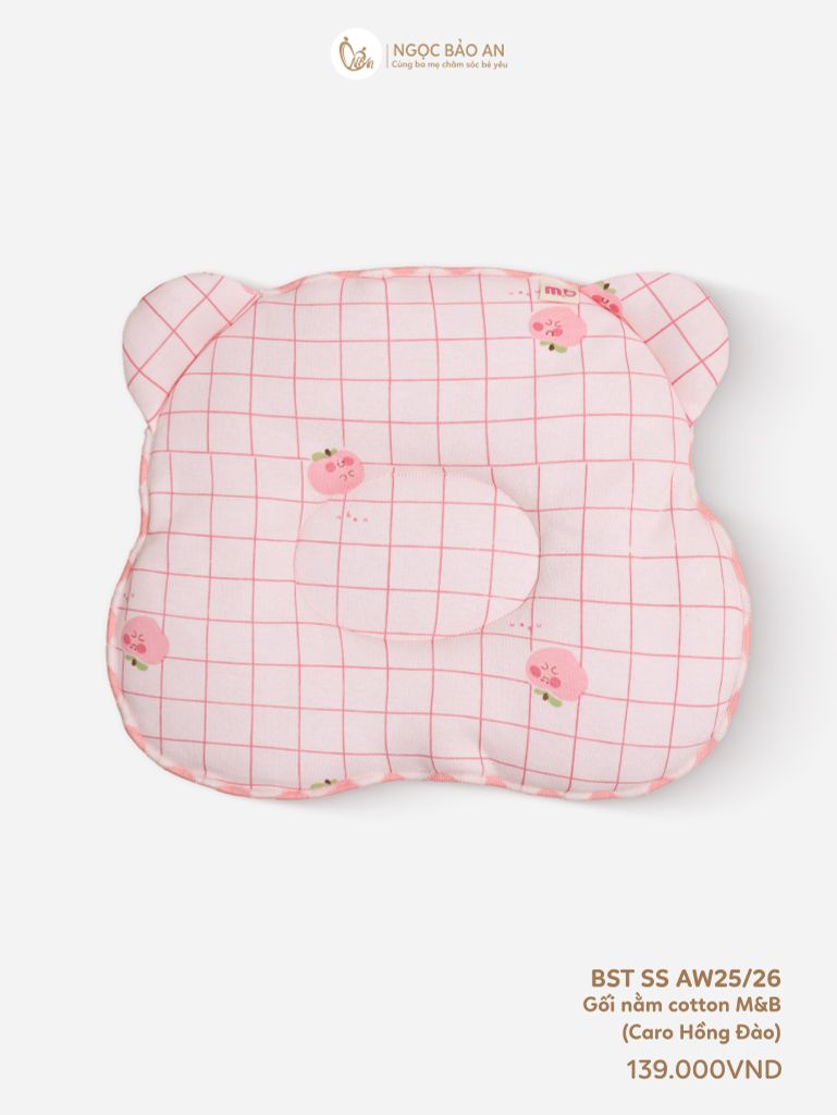 [M&B] Gối nằm cotton hình mặt gấu họa tiết caro hồng đào 24x27cm