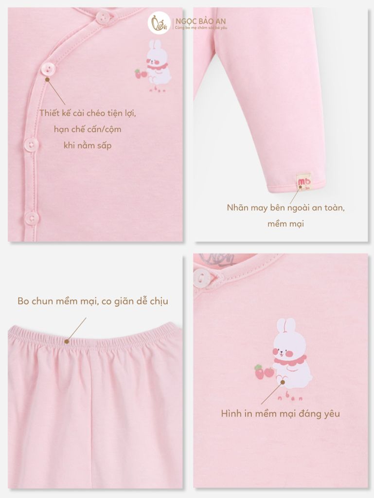 [M&B] Bộ tay dài cài bên cotton thỏ carot hồng