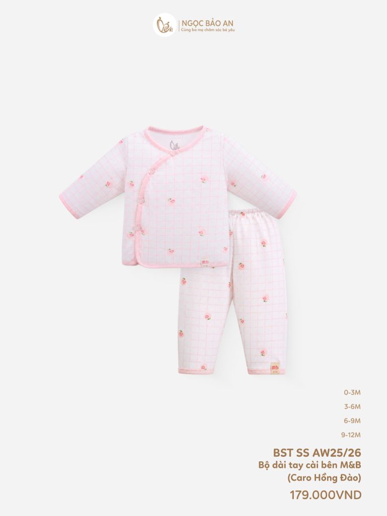 [M&B] Bộ tay dài cài bên cotton caro hồng đào