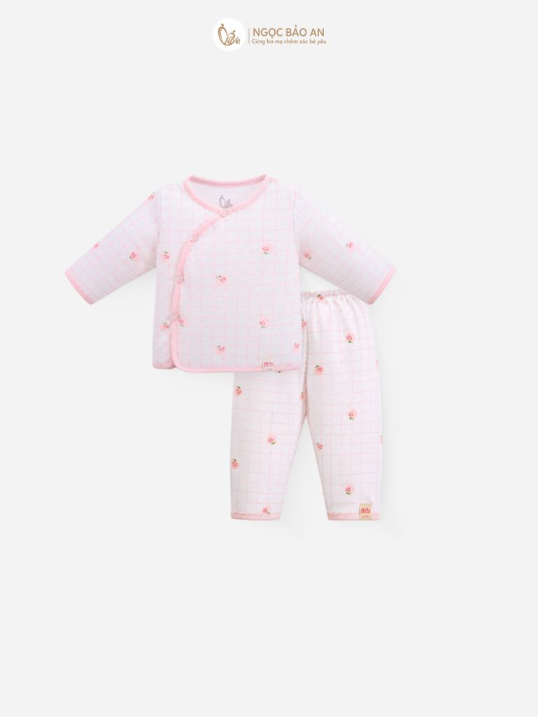 [M&B] Bộ tay dài cài bên cotton caro hồng đào