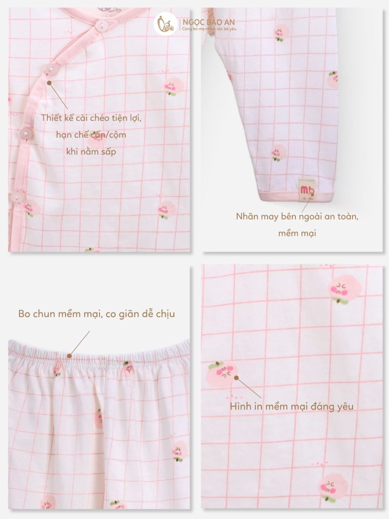 [M&B] Bộ tay dài cài bên cotton caro hồng đào