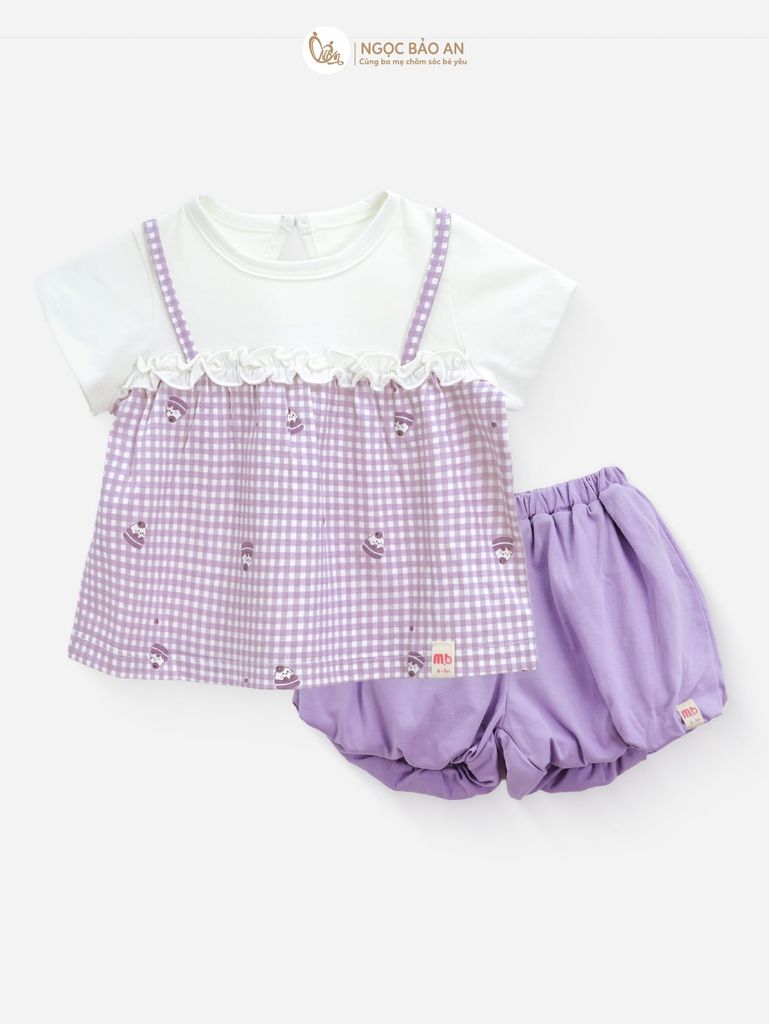 [M&B] BST CANDY: Bộ áo tay ngắn quần bí cotton M&b cho bé (Caro Nơ Tím)