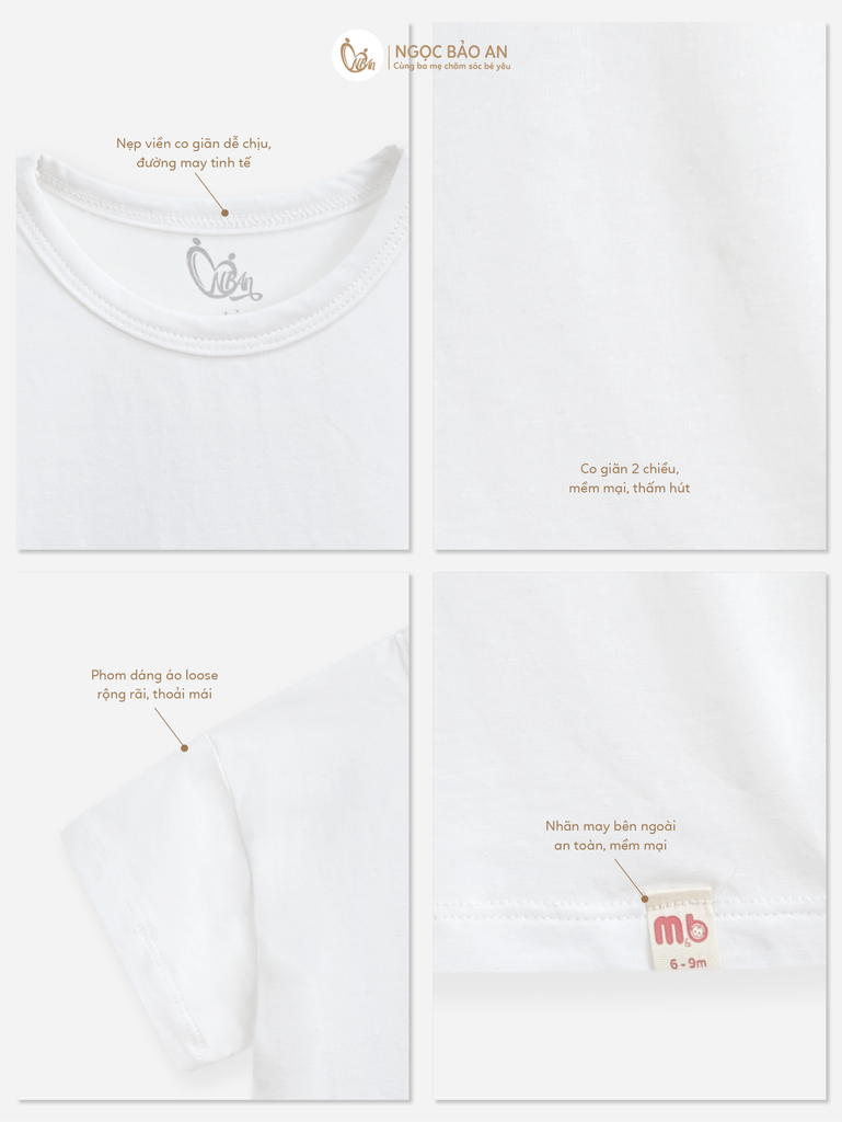 [M&B] Áo thun trơn cotton tay ngắn trắng co giãn 4c từ 6 tháng đến 6 tuổi