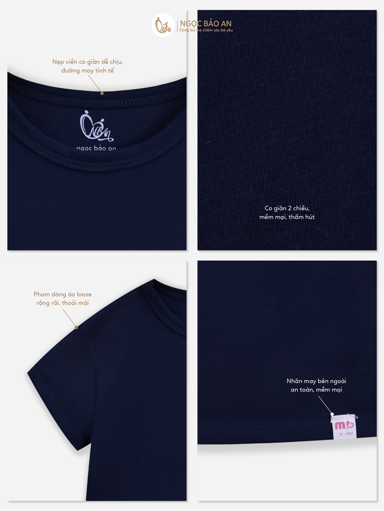 [M&B] Áo thun trơn cotton tay ngắn xanh navy co giãn 4c từ 6 tháng đến 6 tuổi